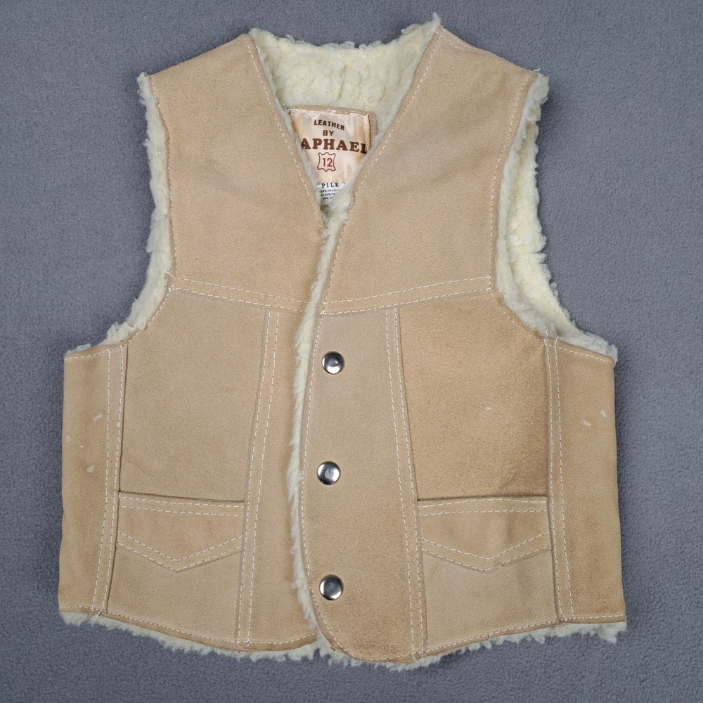 Vintage Raphael Leather Vest Youth 12 Medium‎ Tan Sherpa Lined Cowboy Ranchwear